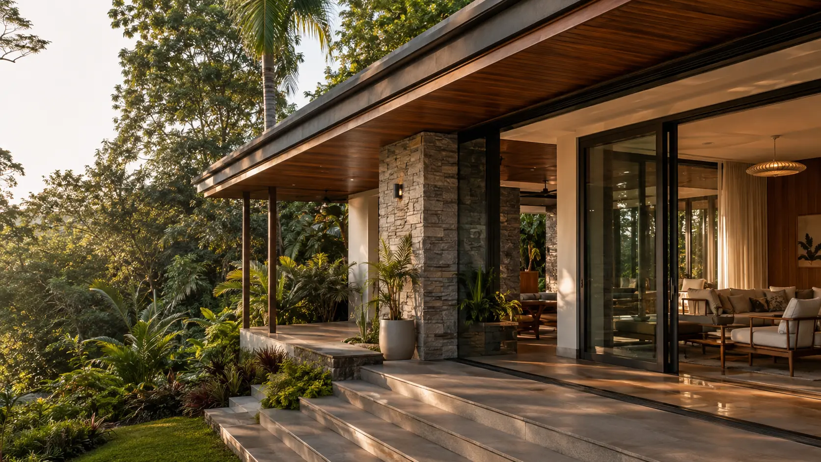 Warm contemporary home patio with timber soffit, stone columns and tropical planting