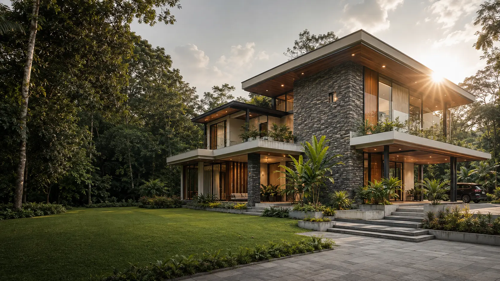 Modern tropical residence with stone, timber and glass in golden evening light