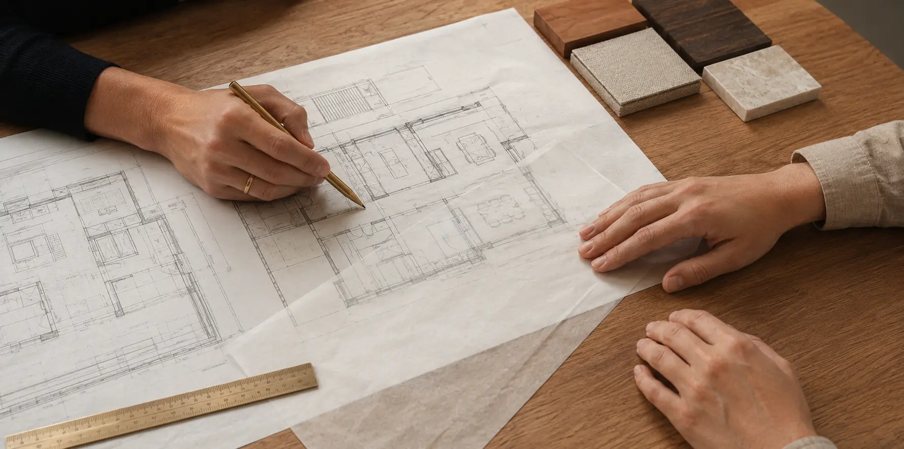 Architect and client reviewing residential floor plans together