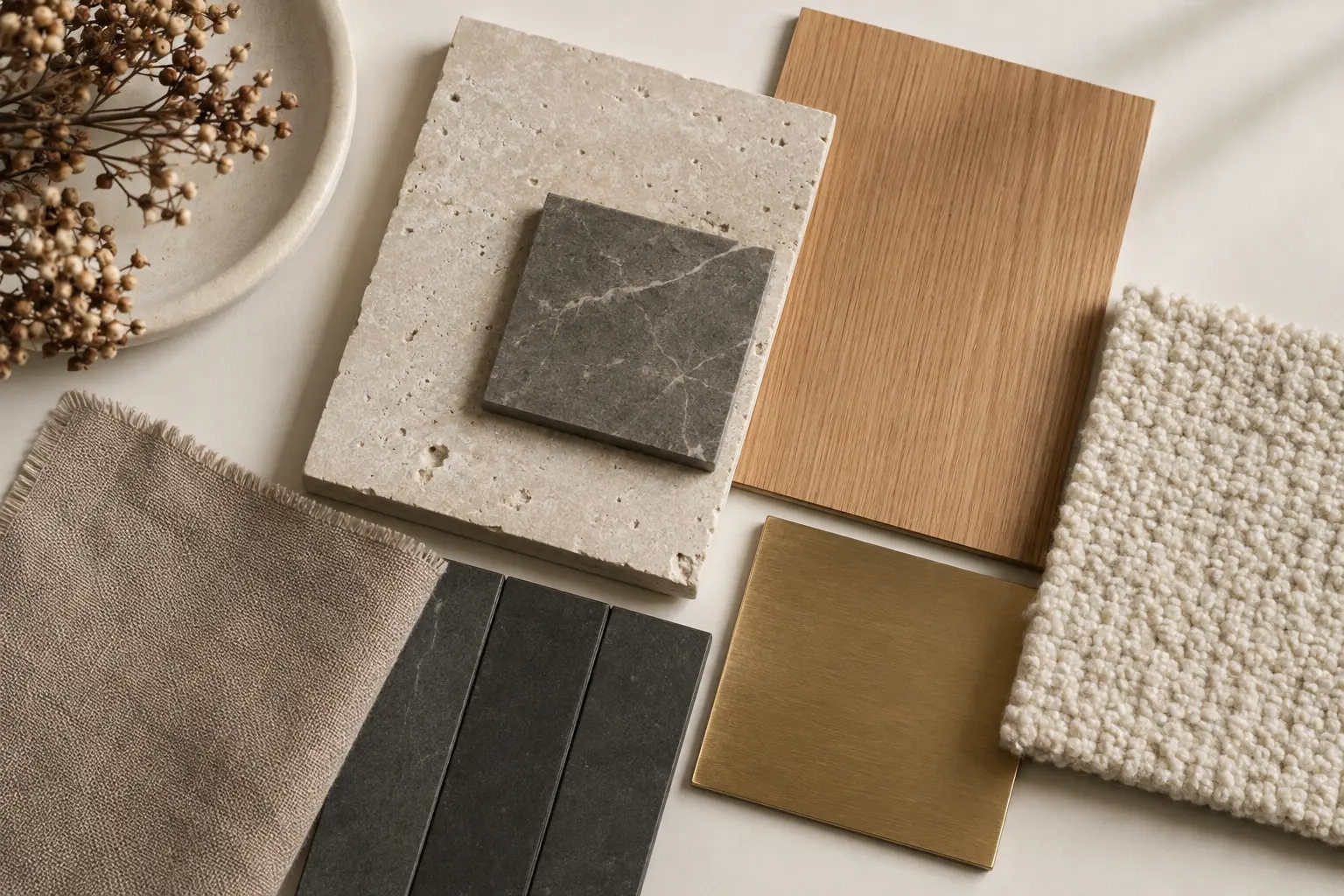 Curated stone, timber, fabric and brass interior material samples
