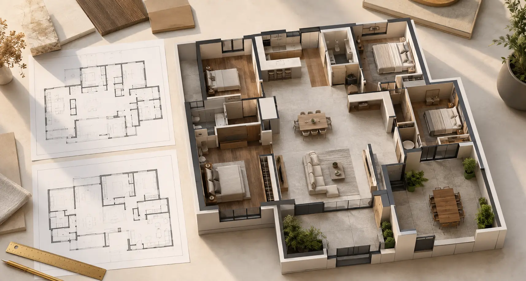Detailed architectural floor plan and three-dimensional home model